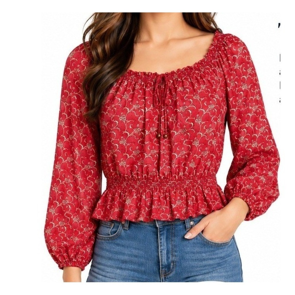 Lauren Ralph Lauren Jeans Co Peasant Blouse Boho Floral Peplum Women Medium Red